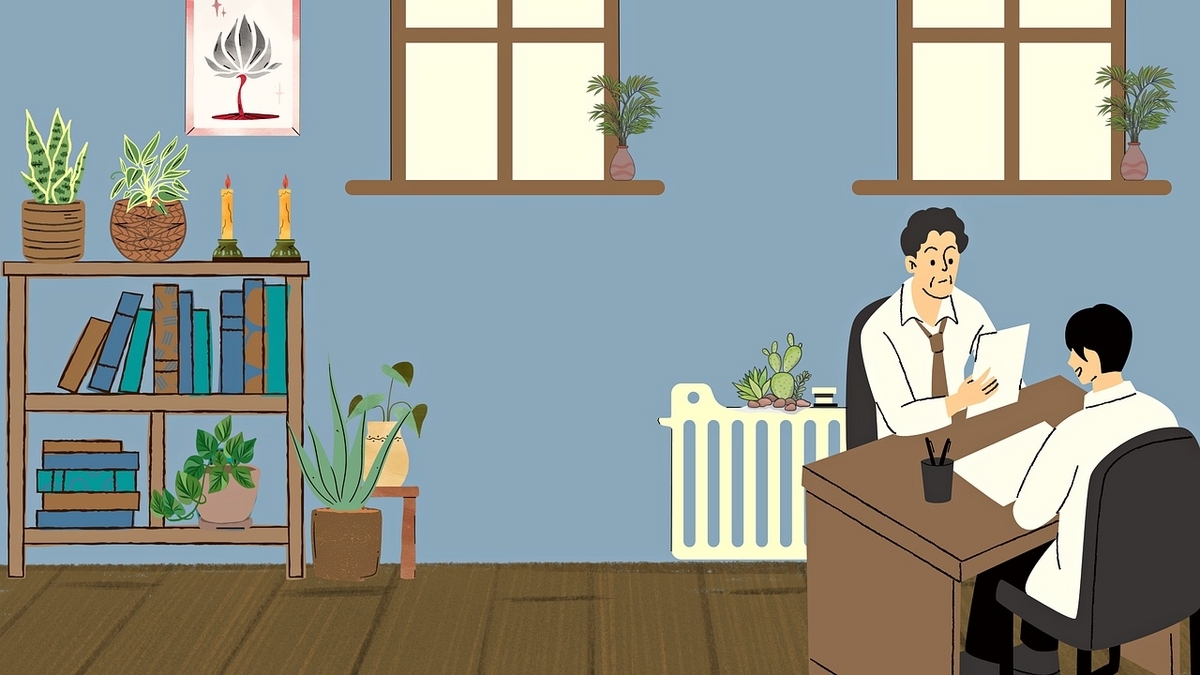 部屋のデスクで書類を持って向かい合う男性のイラスト