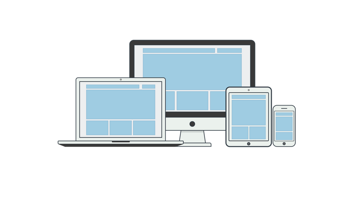 デスクトップPC・ノートPC・タブレット・スマートフォンが並ぶイラスト