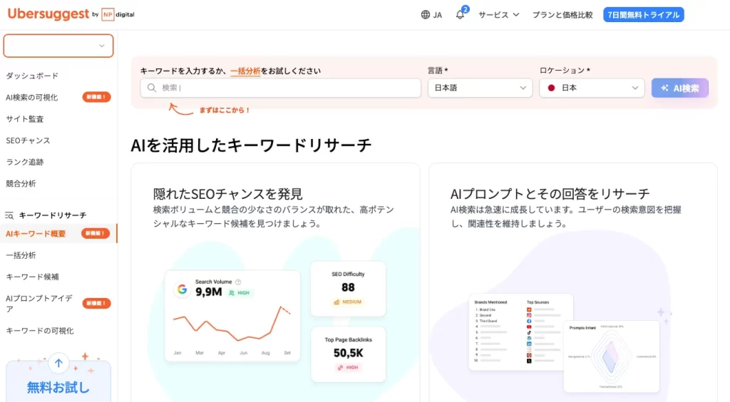 「Ubersuggest」トップ画面